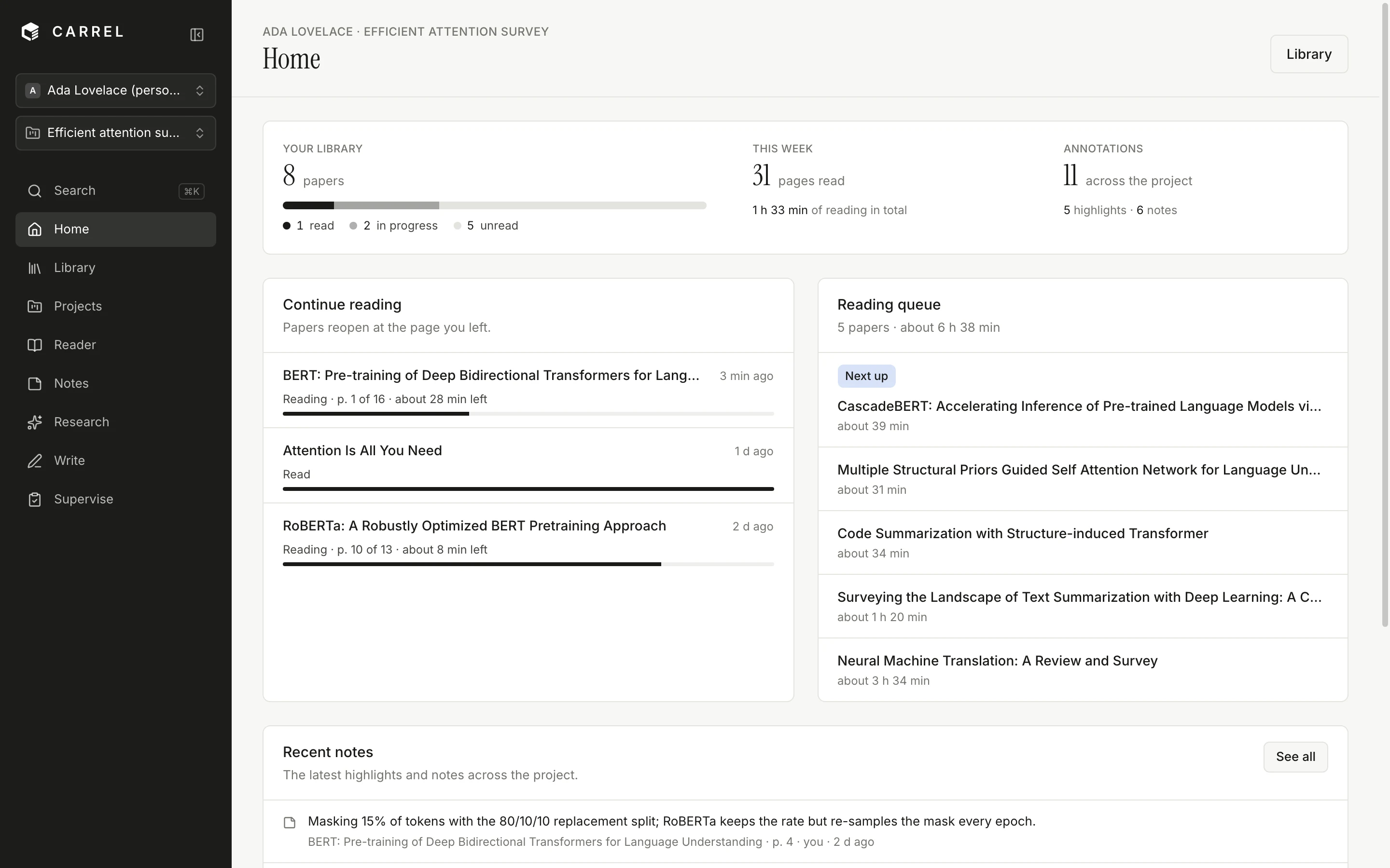 Carrel Home: the getting-started checklist, papers to continue reading, the reading queue with time estimates, and recent highlights and notes