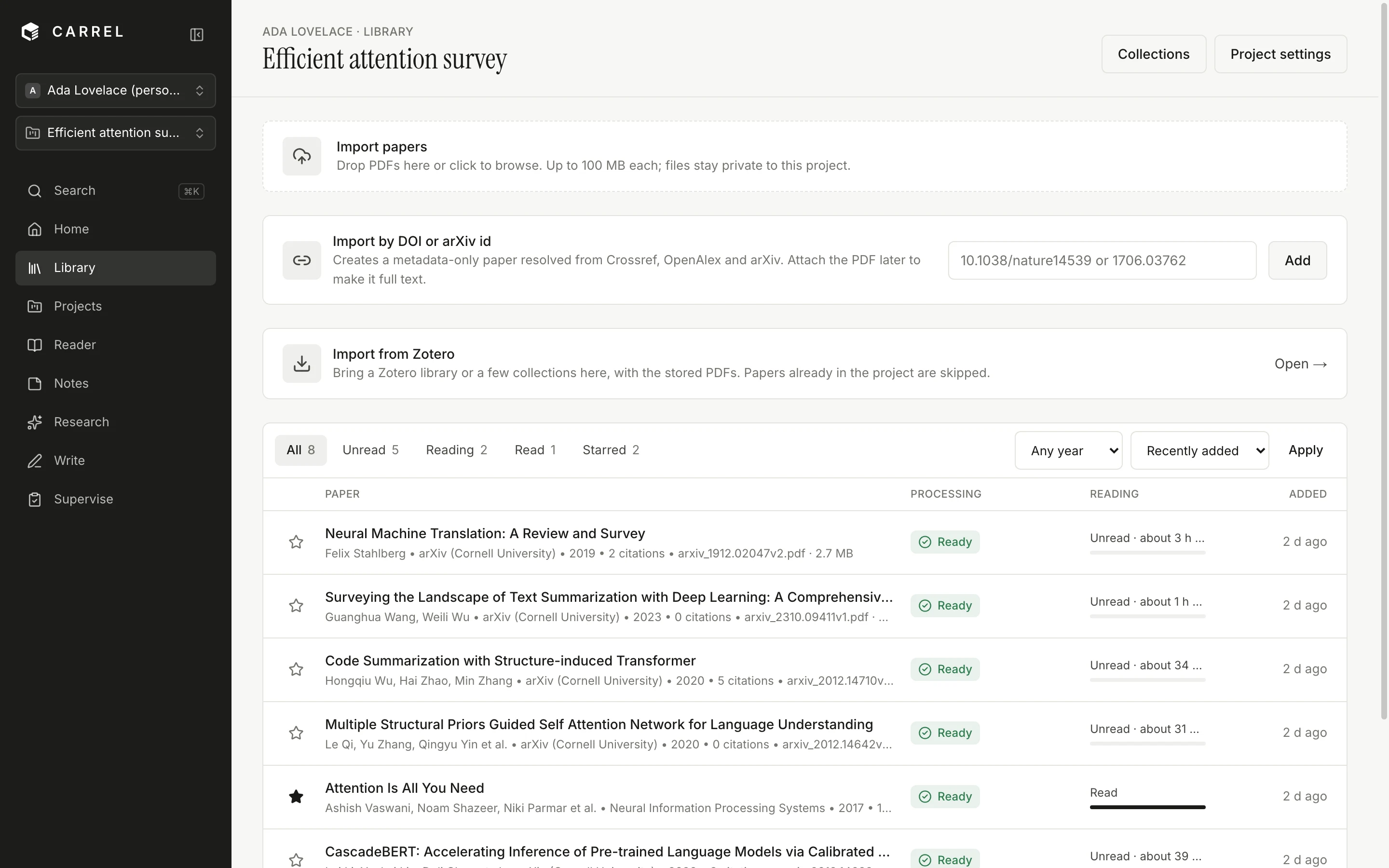 The Carrel library: papers with authors, venue, reading status and time left, above the upload, DOI and Zotero import options