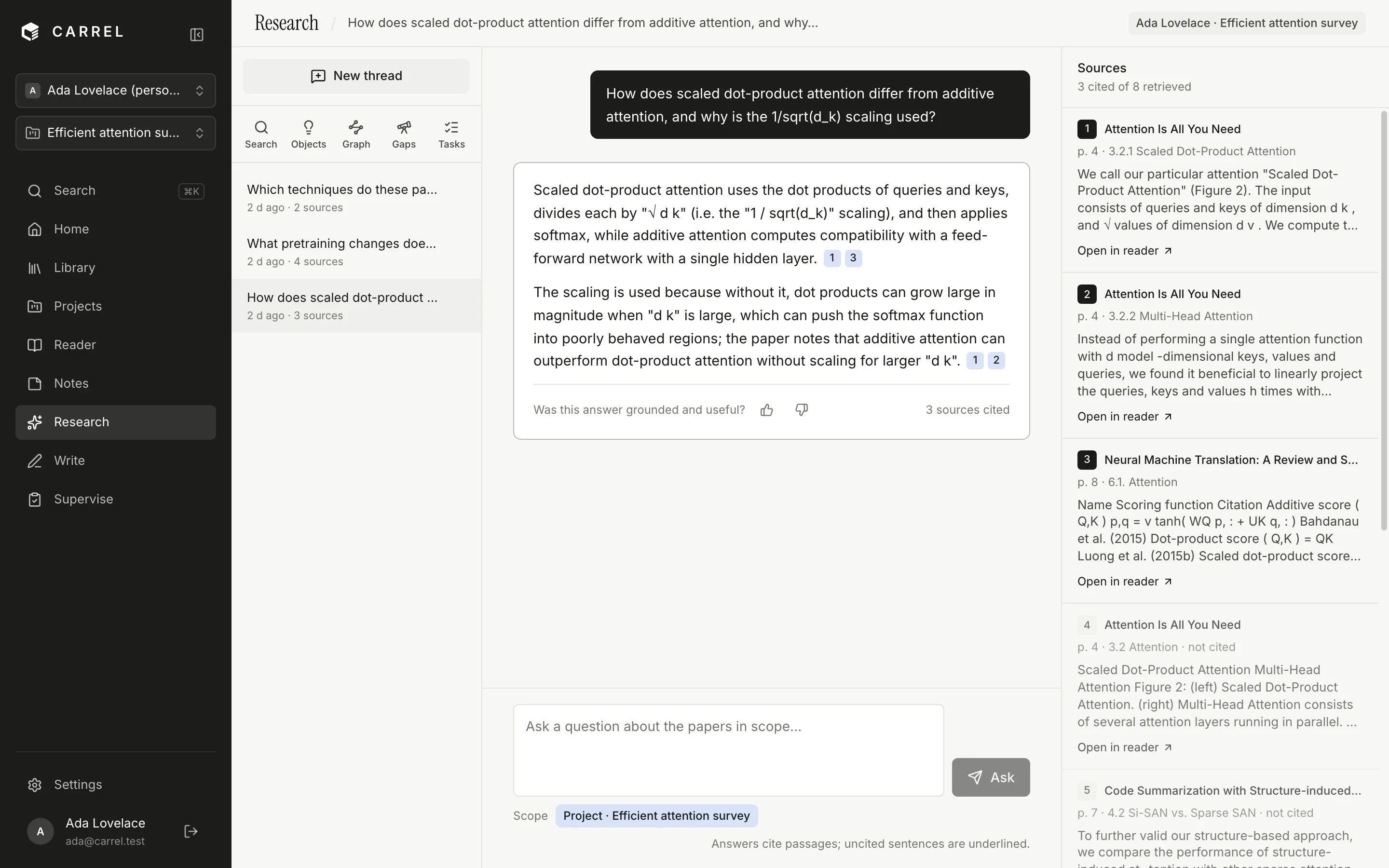 A research thread: a question, a cited answer and the sources panel listing papers and pages