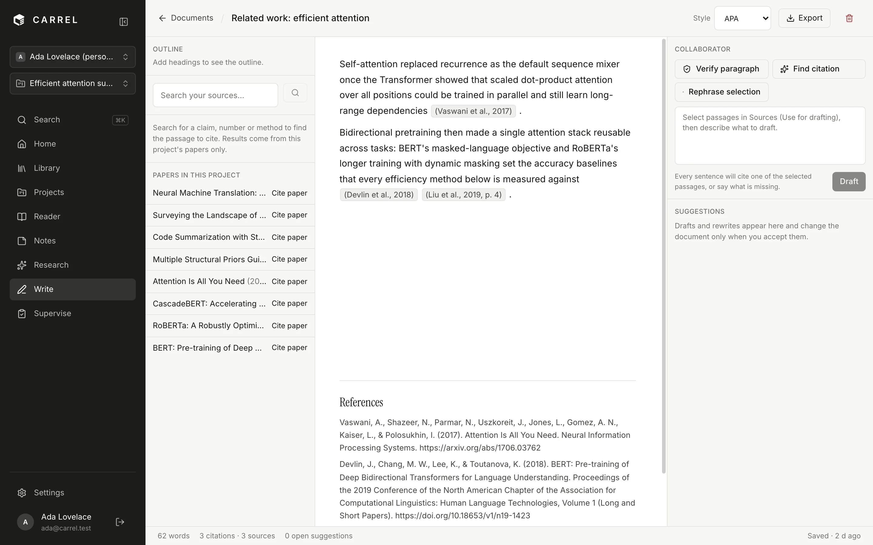The writing workspace: a document with citation chips, the sources panel and the bibliography